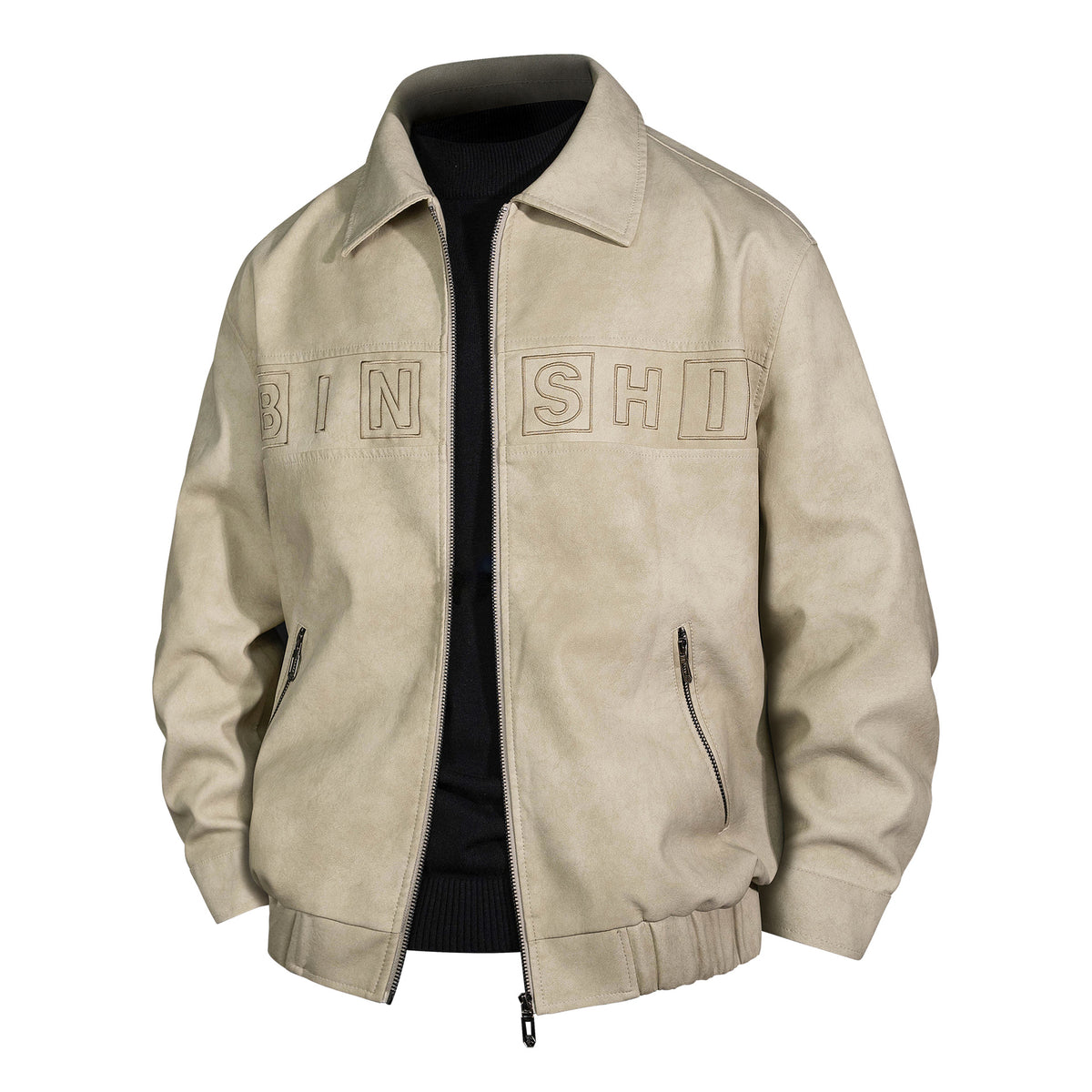 Men's Suede Look Bomber Jacket with Applied Logo and Zipper Fashion Glam