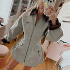Ladies short jacket in oversized leather look with contrasting shirt collar Fashion Glam