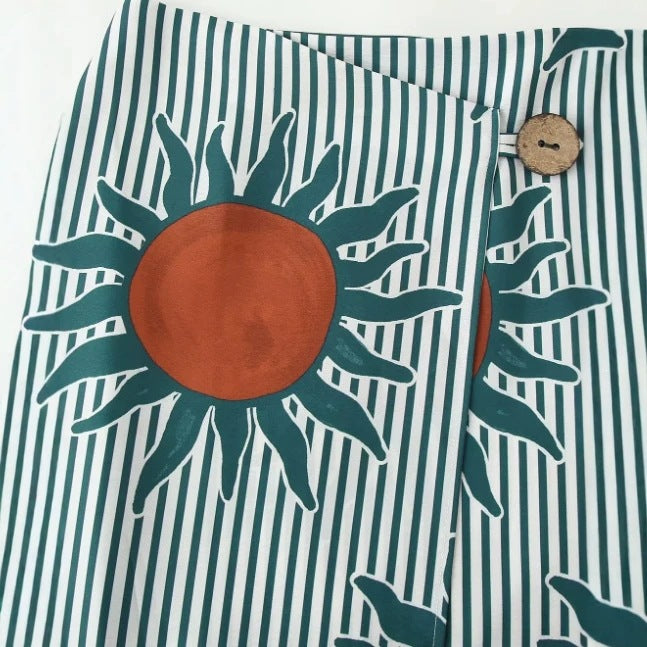 Women's Midi Skirt Wrap Skirt with Sun Print, Vertical Stripes and Button Closure Fashion Glam