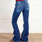 Women's High-Waisted Flared Jeans with Decorative Metal Buttons and Contrast Stitching Fashion Glam