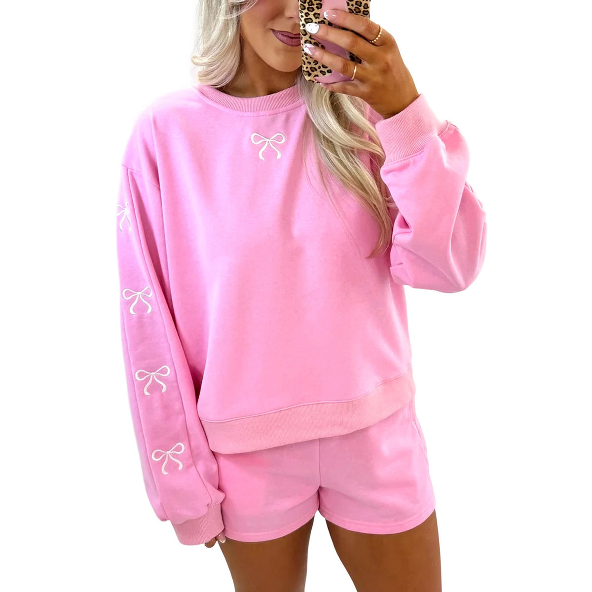 Women's cozy lounge sweat set with shorts and embroidered bows Fashion Glam