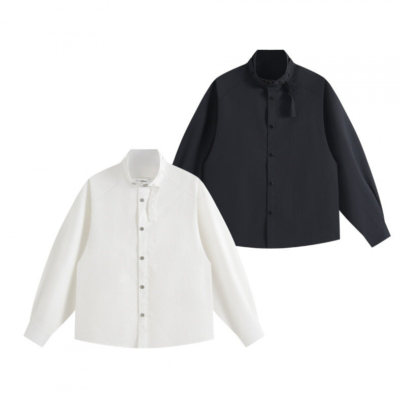 Unisex Boxy Overshirt with Stand Collar, Tie Loop and Snap Button Placket Fashion Glam