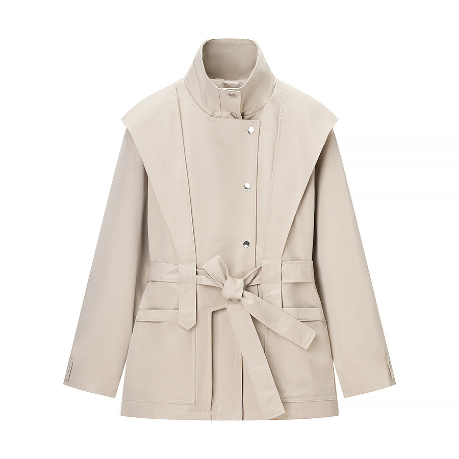 Women's Short Tailored Rain Jacket with Cape Shoulder Detail and Ties Belt Fashion Glam