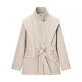 Women's Short Tailored Rain Jacket with Cape Shoulder Detail and Ties Belt Fashion Glam