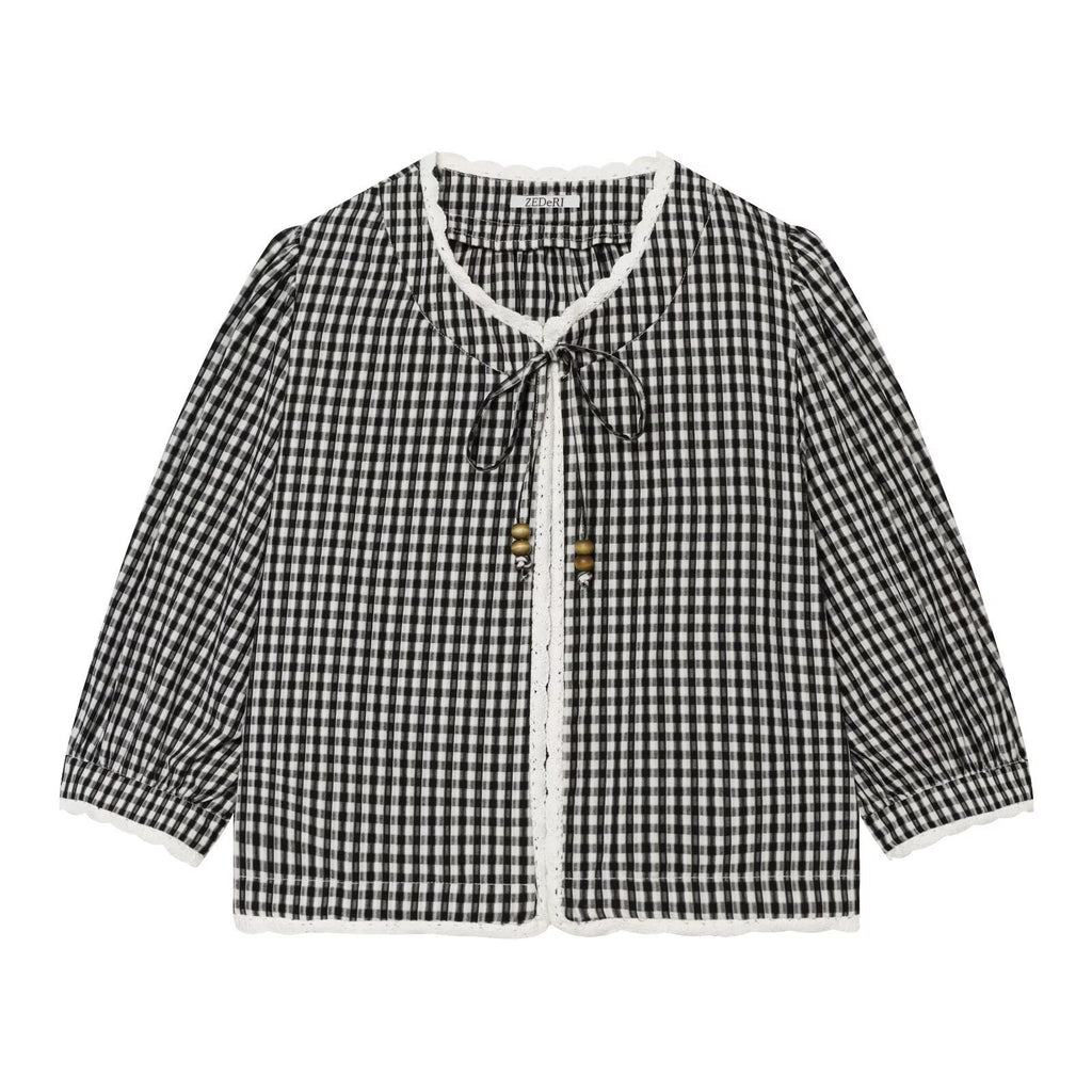 Ladies Vichy Check Blouse with Lace Trim, Tie Band and Three-Quarter Balloon Sleeves Fashion Glam