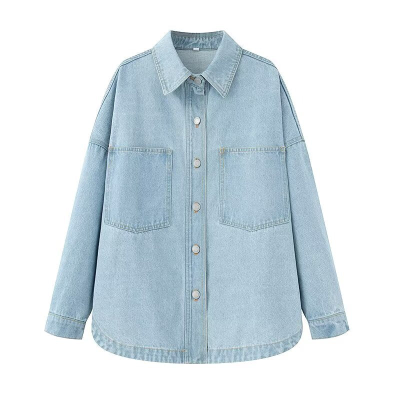 Women's Oversize Jeans Shirt Jacket in Boxy Cut with Patch Chest Pockets and Rounded Hem Fashion Glam