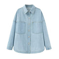 Women's Oversize Jeans Shirt Jacket in Boxy Cut with Patch Chest Pockets and Rounded Hem Fashion Glam