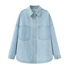 Women's Oversize Jeans Shirt Jacket in Boxy Cut with Patch Chest Pockets and Rounded Hem Fashion Glam
