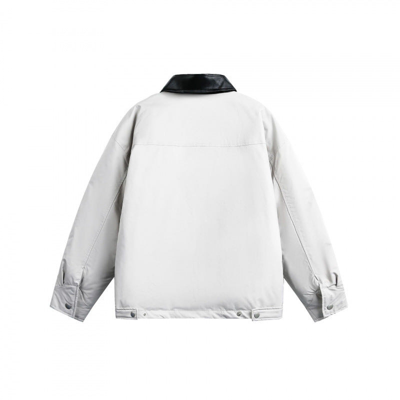 Unisex Boxy transitional jacket with contrasting faux leather collar and concealed zipper Fashion Glam