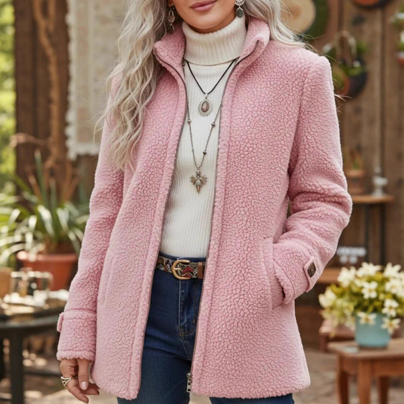 Women Cozy Teddy Cardigan Coat with Stand-Up Collar, Hidden Zipper and Decorative Button Cuffs Fashion Glam