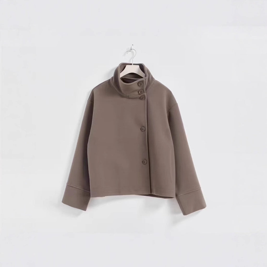 Women's short cut boxy jacket with stand-up collar and asymmetrical button placket Fashion Glam