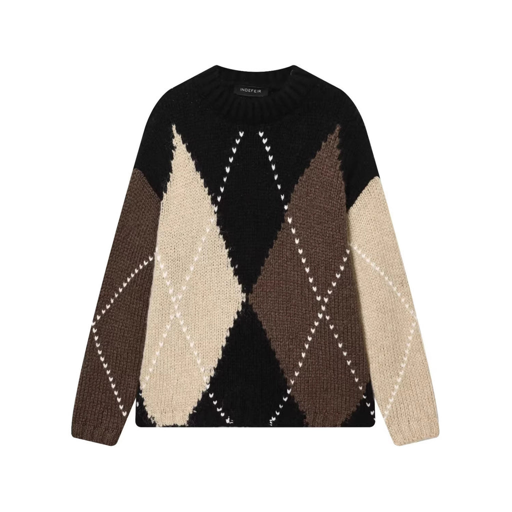 Women Chunky Knit Argyle Sweater with Oversized Cut and Ribbed Collar Fashion Glam