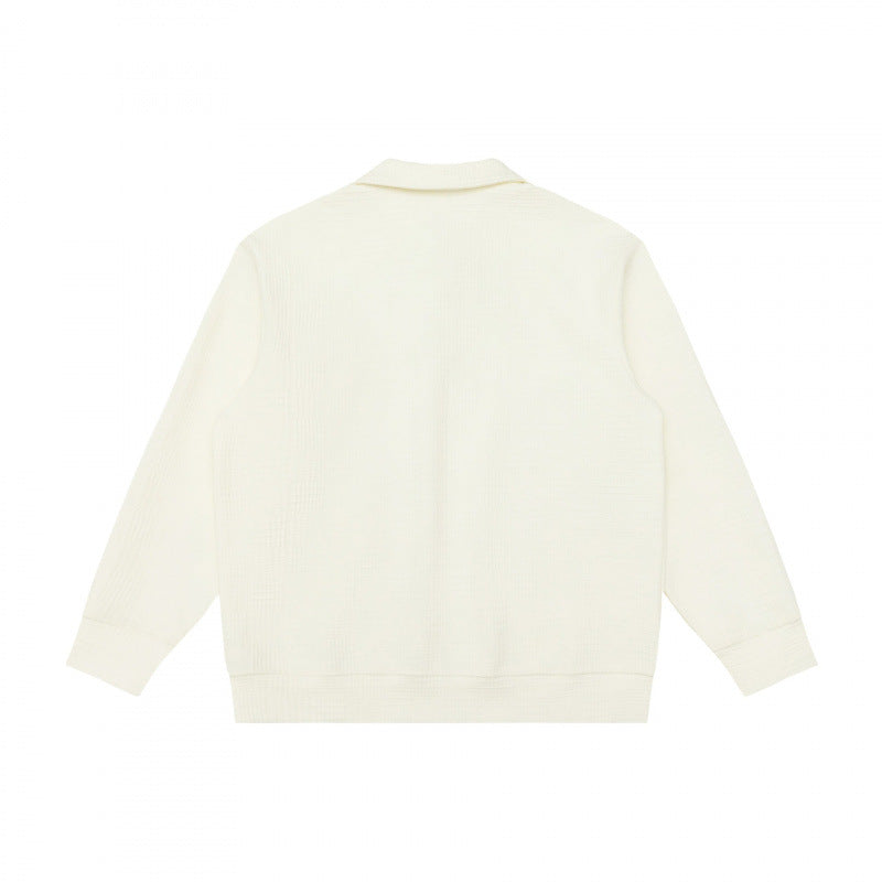 Unisex Long-Sleeve Knit Polo Shirt Sweater with Boxy Fit and Waffle Texture Fashion Glam