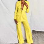Ladies Elegant Two-Piece Suit with Tailored Long Blazer and Wide Pleated Pant Leg Fashion Glam