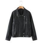 Women Oversized Faux Leather Bomber Jacket with Flap Pockets and Asymmetrical Zipper Fashion Glam