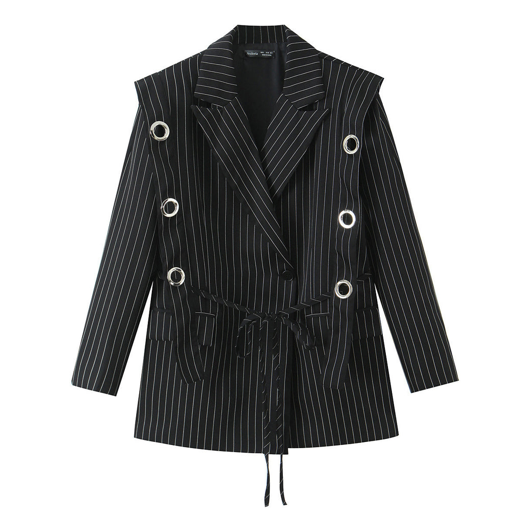 Women pinstripe blazer with eyelet application and drawstring Fashion Glam