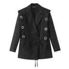 Women pinstripe blazer with eyelet application and drawstring Fashion Glam