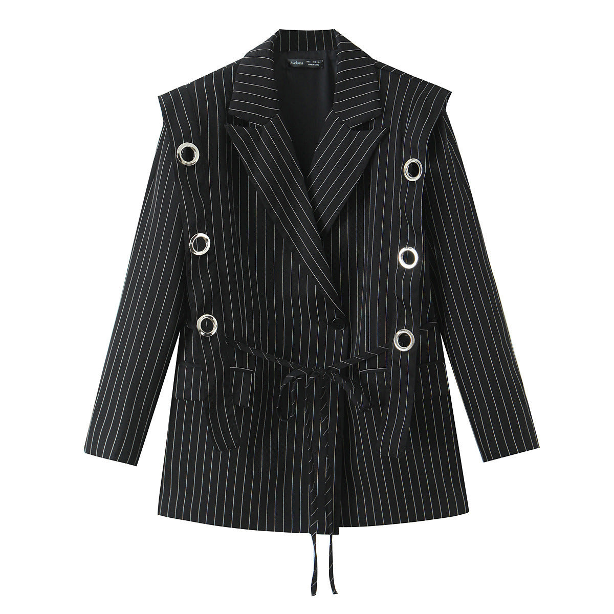Women pinstripe blazer with eyelet application and drawstring Fashion Glam