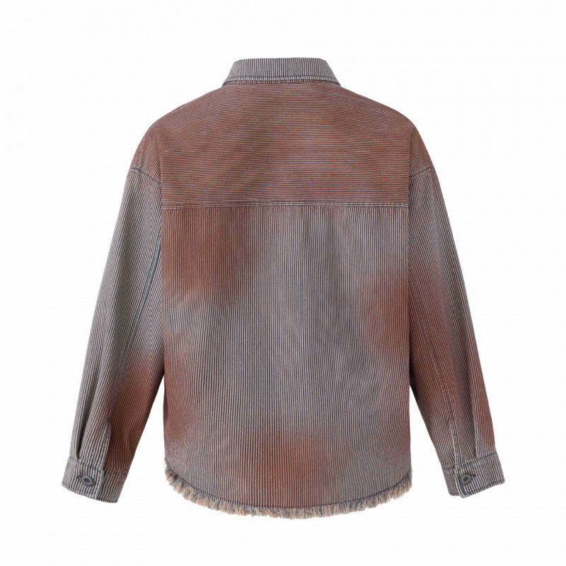 Unisex Boxy Overshirt Jacket made of Fine Cord with Used Effect, Fringes and Button Placket Fashion Glam