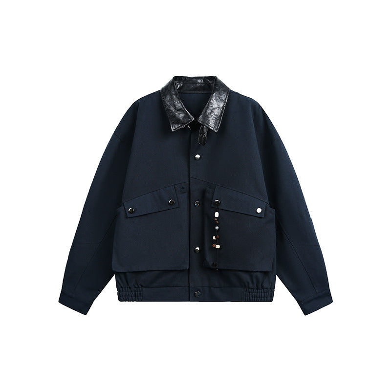 Men's Oversize Harrington Jacket with Faux Leather Collar, Flap Pockets, and Elastic Hem Fashion Glam