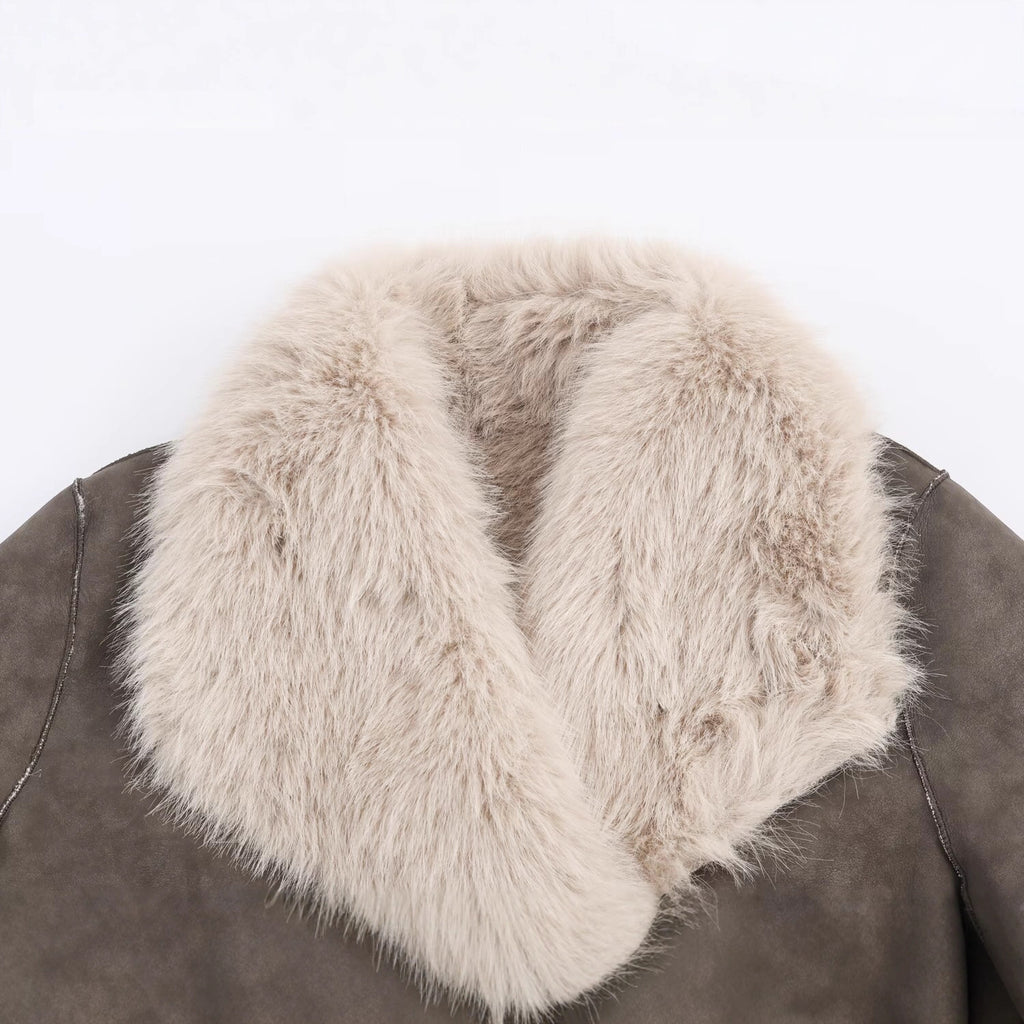 Women Longer Reversible Faux Fur Coat with Oversized Shawl Collar and Patch Pockets Fashion Glam