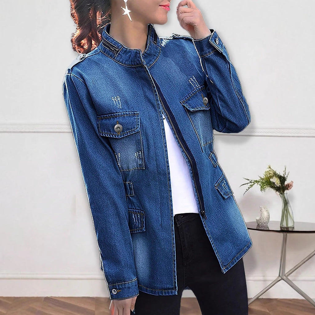 Women tailored denim jacket in military style with stand-up collar and flap pockets Fashion Glam