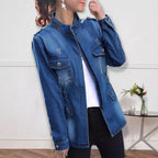 Women tailored denim jacket in military style with stand-up collar and flap pockets Fashion Glam