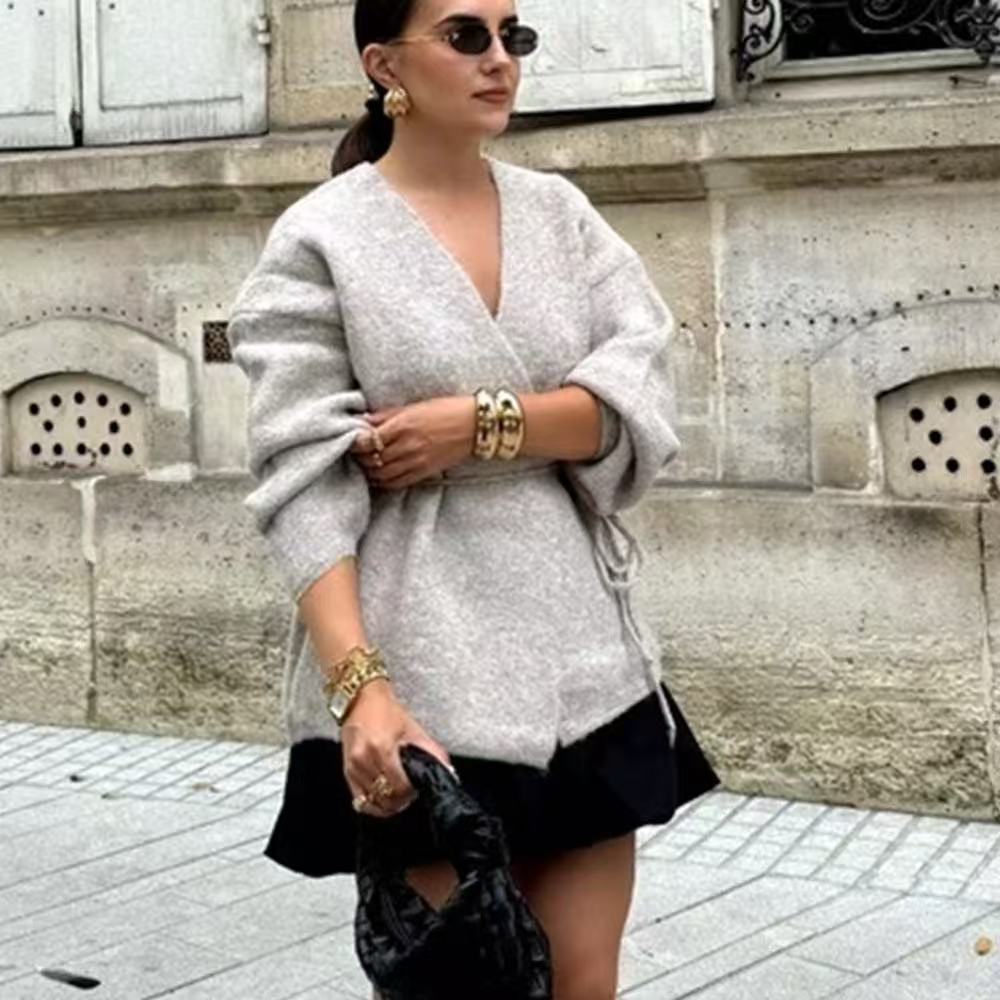 Women Oversize Wrap Cardigan with Balloon Sleeves and Waist Tie Fashion Glam