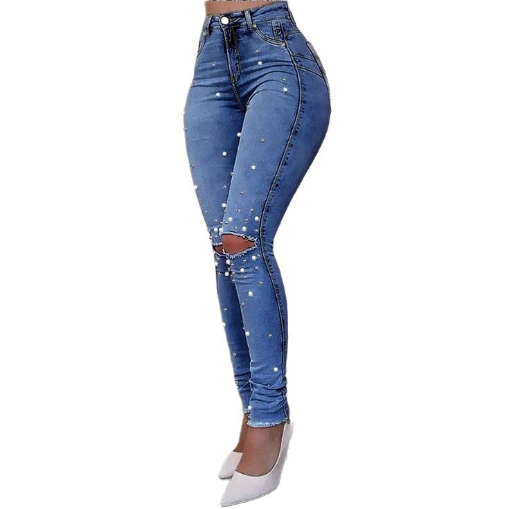 Women Pearl-Embellished High-Waist Skinny Jeans with Sculpting Fit Fashion Glam