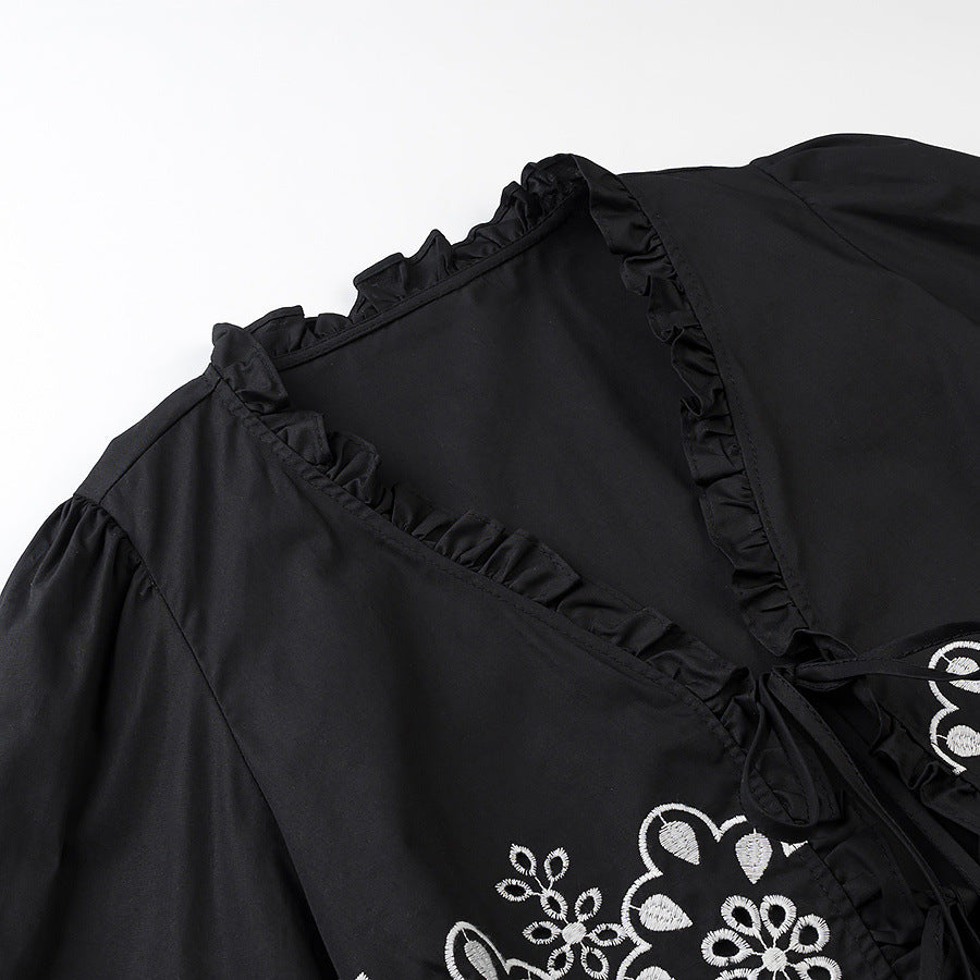 Women's short embroidered bolero jacket with ruffle collar and ties Fashion Glam