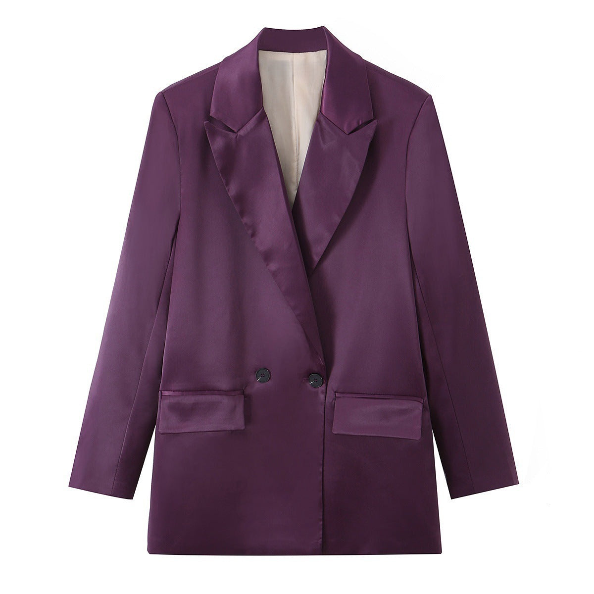 Women's Double-Breasted Satin Blazer with Notched Lapels and Flap Pockets Fashion Glam