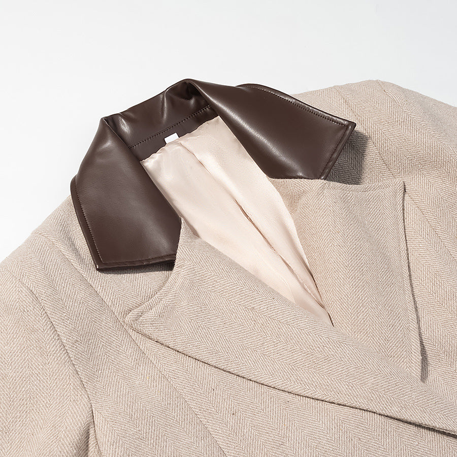 Women's Tailored Wool Blend Coat with Herringbone Structure, Contrasting Leather Collar and Tie Belt Fashion Glam