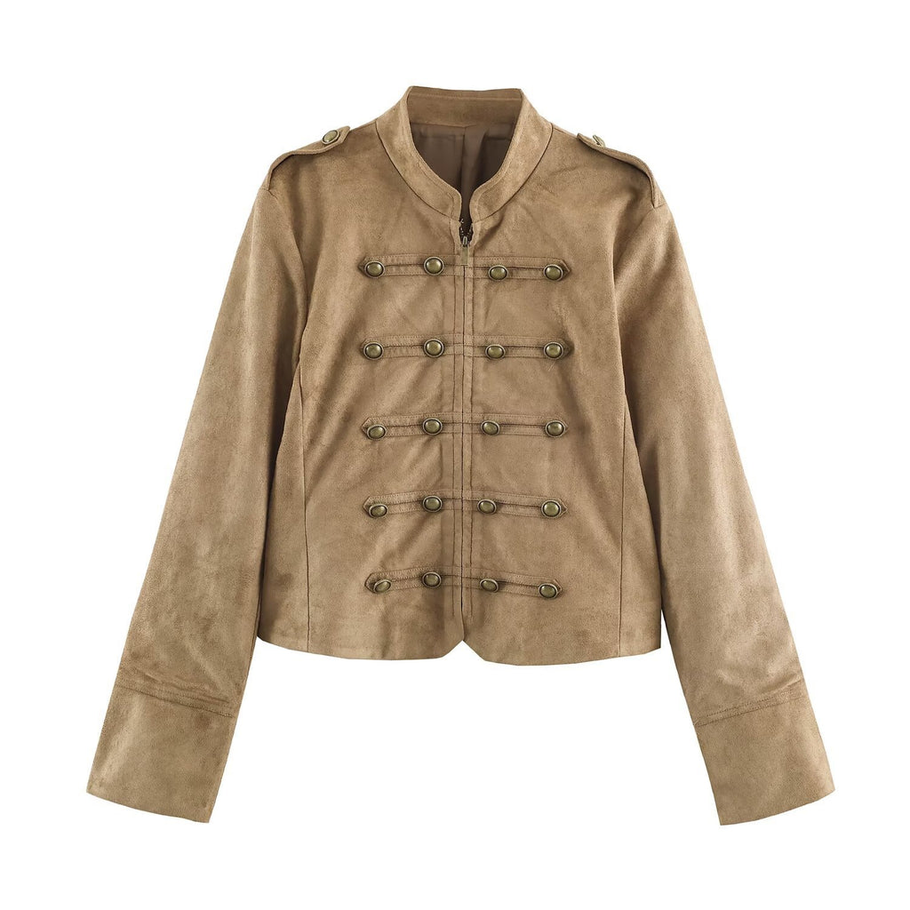 Women's short-cut cavalry jacket made of suede look with decorative button placket and epaulettes Fashion Glam