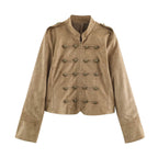 Women's short-cut cavalry jacket made of suede look with decorative button placket and epaulettes Fashion Glam