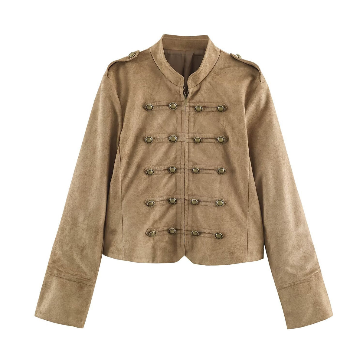 Women's short-cut cavalry jacket made of suede look with decorative button placket and epaulettes Fashion Glam