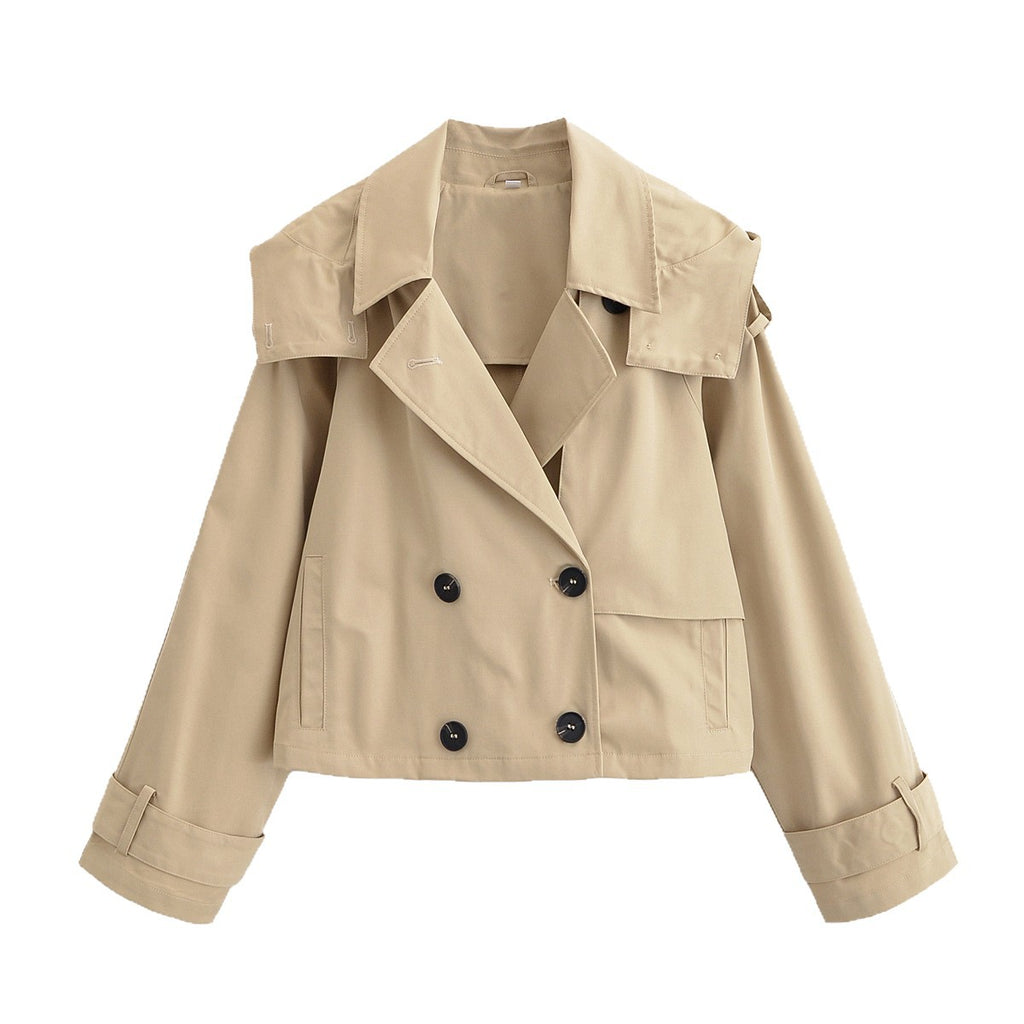 Women short jacket in trench coat style with double-breasted button placket and adjustable cuffs Fashion Glam