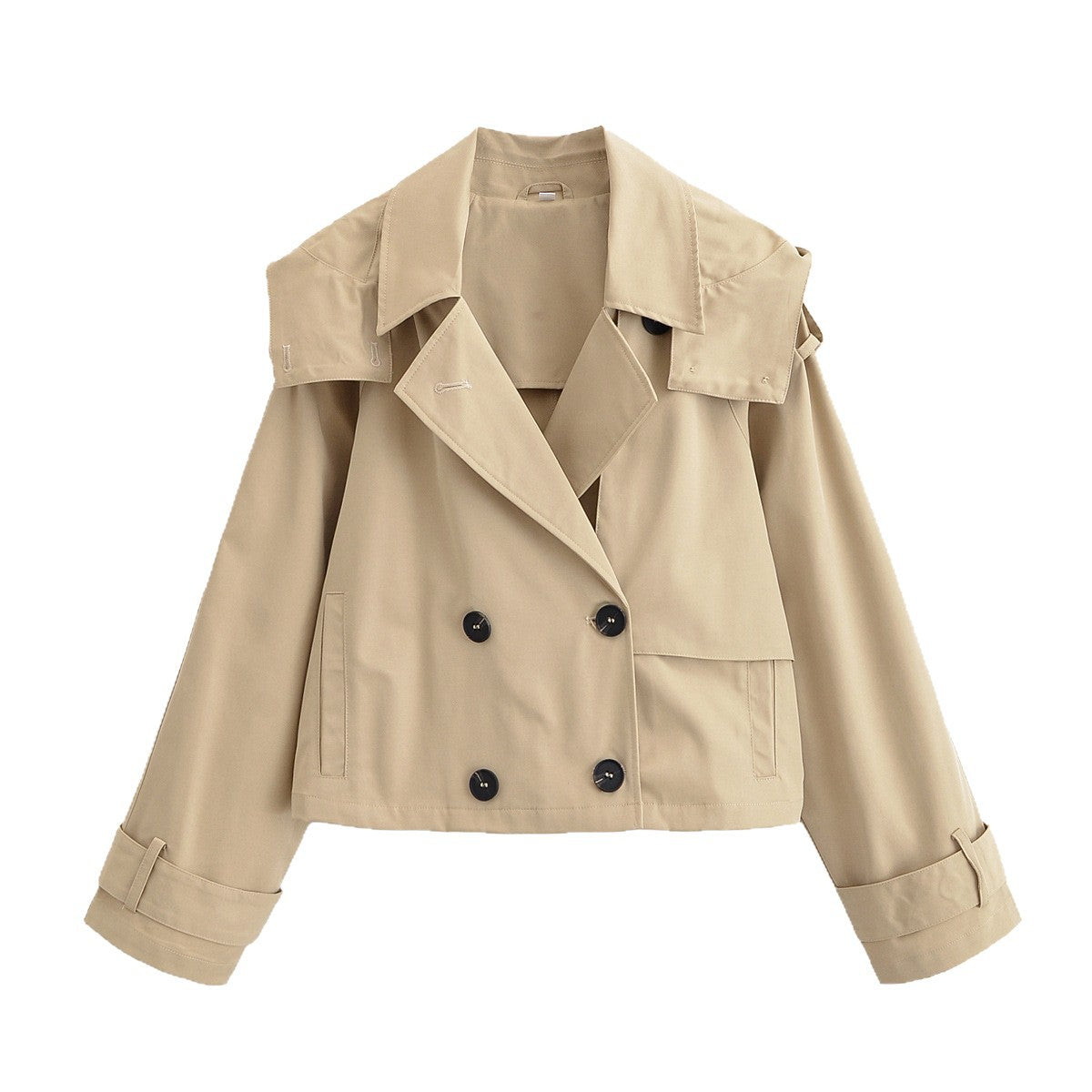 Women short jacket in trench coat style with double-breasted button placket and adjustable cuffs Fashion Glam