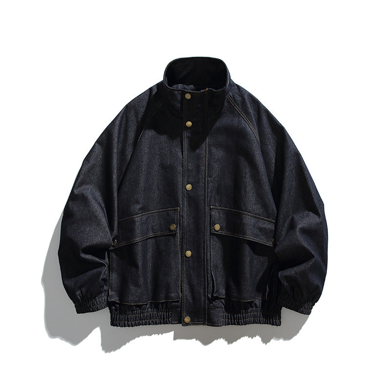 Unisex Boxy Jeans Jacket in Oversized Cut with Stand-Up Collar and Flap Pockets Fashion Glam