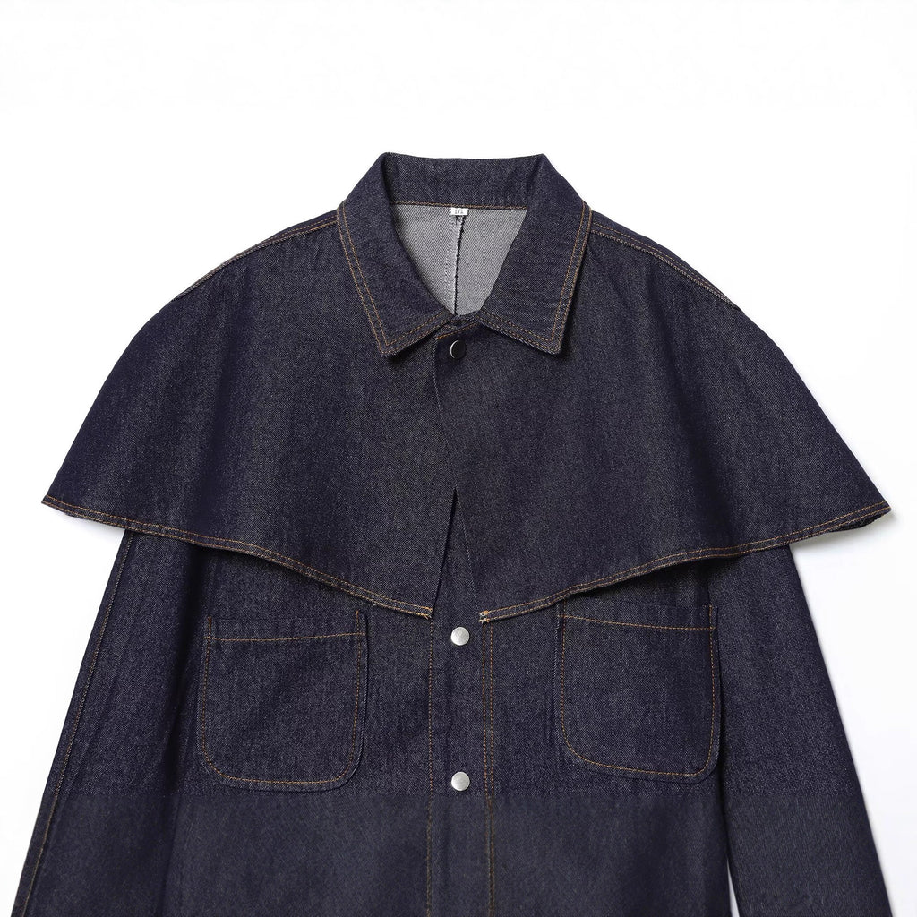 Women's Short Jeans Jacket with Cape Insert, Flap Pockets and Snap Buttons Fashion Glam