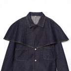 Women's Short Jeans Jacket with Cape Insert, Flap Pockets and Snap Buttons Fashion Glam