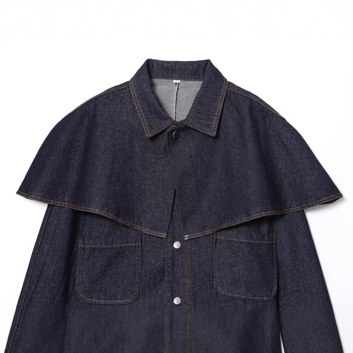 Women's Short Jeans Jacket with Cape Insert, Flap Pockets and Snap Buttons Fashion Glam