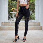 Ladies High-Waisted Skinny Jeans with Large Ripped Inserts and Sculpting Stretch Waistband Fashion Glam