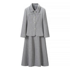Ladies Two-Piece Boucle Tweed Set with Fitted Button Blazer and Flared Midi Skirt Fashion Glam