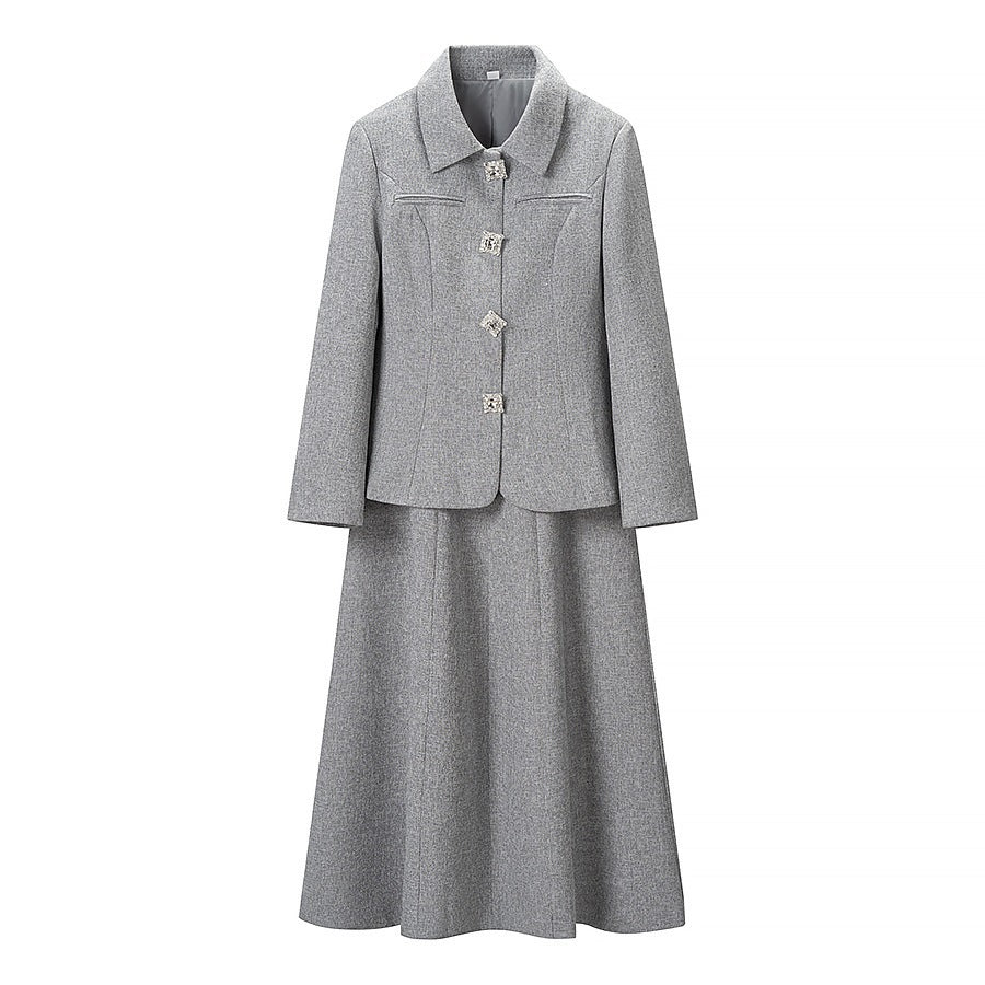 Ladies Two-Piece Boucle Tweed Set with Fitted Button Blazer and Flared Midi Skirt Fashion Glam