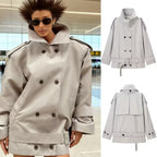 Women's short trench-style jacket with high standing collar, double-breasted front and waist belt Fashion Glam