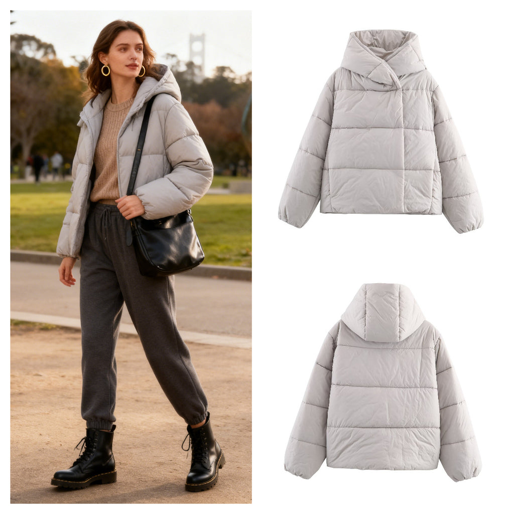 Women short cut oversized quilted jacket with high wrap collar and padded lining Fashion Glam