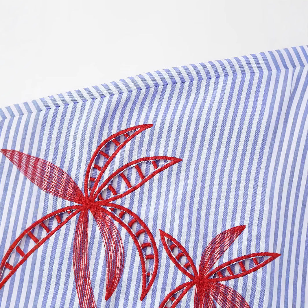 Women Oversized Shirt Blouse with Pinstripes, Palm Embroidery and Three-Quarter Sleeves Fashion Glam