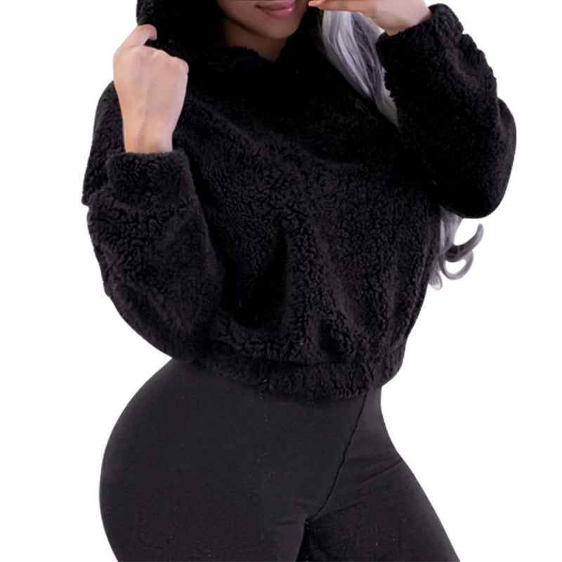 Women's Short Hooded Sherpa Pullover with Kangaroo Pocket and Elastic Hem Fashion Glam