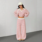 Women's Knitted Loungewear Set with Polo V Neck, Bell Sleeves, and Wide High-Cut Trouser Leg Fashion Glam