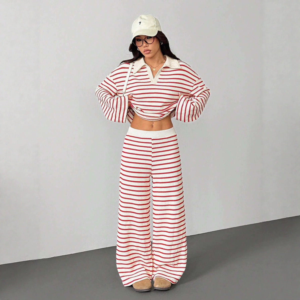 Women's Knitted Loungewear Set with Polo V Neck, Bell Sleeves, and Wide High-Cut Trouser Leg Fashion Glam